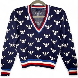 Forever 21 Juniors French Bulldog Pullover V-neck Sweater Red White Blue Size L